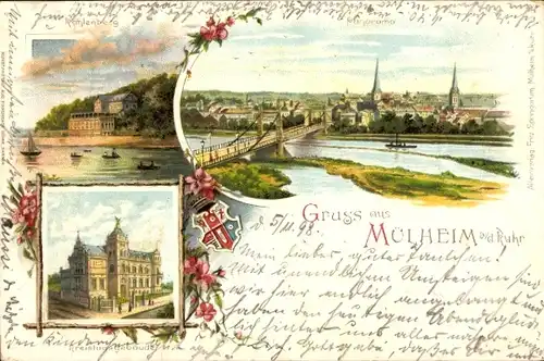 Litho Mülheim an der Ruhr, Kahlenberg, Panorama, Kreistagsgebäude