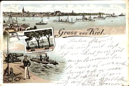 Litho Kiel in Schleswig Holstein, Kriegsschiffe im Hafen, Matrosen, Blick von Bellevue