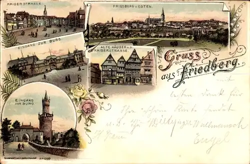 Litho Friedberg in Hessen, Kaiserstraße, Burgeingang, Totale, Kaiserstraße