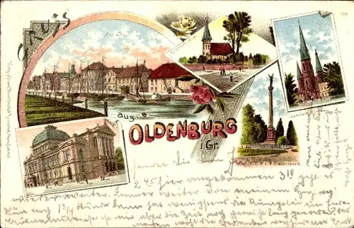 Litho Oldenburg im Großherzogtum Oldenburg, Friedensplatz, Lambertikirche
