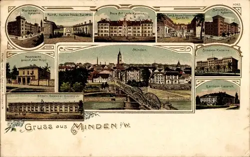 Litho Minden in Westfalen, Marienwall Kaserne, Neue Artillerie Kaserne, Hauptwache, Simeons Kaserne