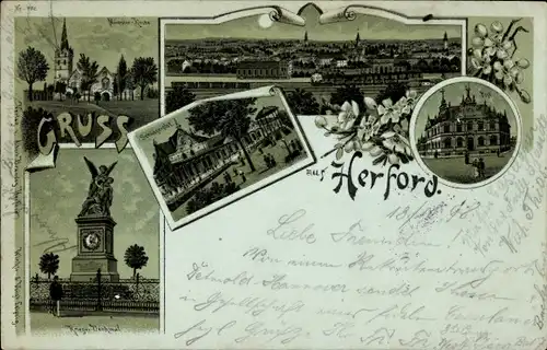 Mondschein Litho Herford in Westfalen, Schützenhof, Post, Münsterkirche, Kriegerdenkmal, Bahnhof