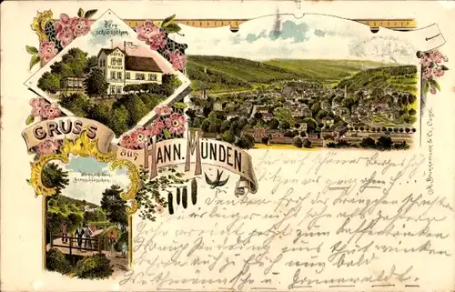 Litho Hann. Münden in Niedersachsen, Bergschlösschen, Totalansicht