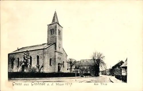 Ak Grohnde Emmerthal an der Weser, Am Thie, Kirche