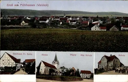 Ak Mühlhausen Waldeck Twistetal Hessen, Schule, Pfarre, Kirche, Gasthaus
