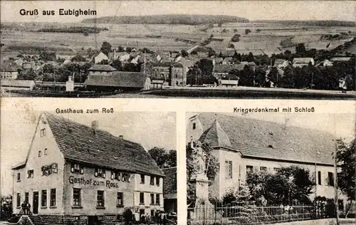 Ak Eubigheim Ahorn in Baden, Gasthaus zum Ross, Kriegerdenkmal, Schloss, Totalansicht, Bahnhof