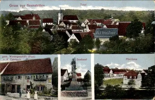 Ak Neunstetten Krautheim an der Jagst, Gemischtwarenhandlung, Denkmal, Pfarrhaus