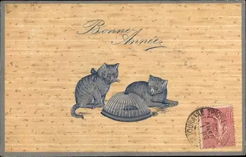 Präge Litho Glückwunsch Neujahr, Zwei Katzen beobachten eine gefangene Maus