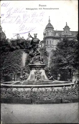 Ak Poznań Posen, Königsplatz, Perseusbrunnen