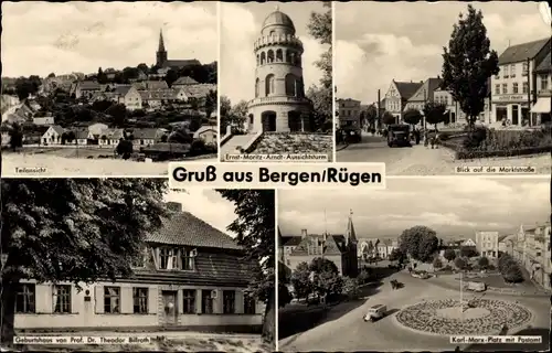 Ak Bergen auf Rügen, Marktstraße, Karl-Marx-Platz, Postamt, Ernst Moritz Arndt Aussichtsturm