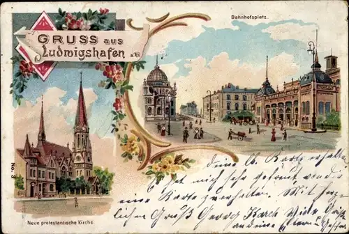 Litho Ludwigshafen am Rhein Rheinland Pfalz, Neue protestantische Kirche, Bahnhofsvorplatz