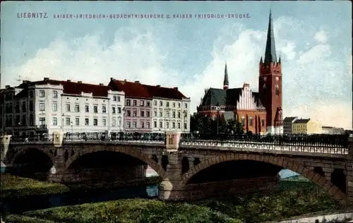 Ak Legnica Liegnitz Schlesien, Kaiser-Friedrich-Gedächtniskirche, Kaiser-Friedrich-Brücke