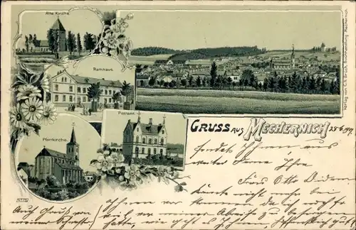 Litho Mechernich in der Eifel, Alte Kirche, Rathaus, Pfarrkirche, Post