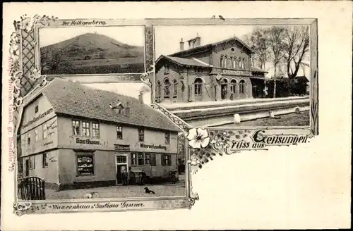 Ak Gensungen Felsberg Hessen, Burg Heiligenberg, Bahnhof, Gleisansicht, Gasthaus Gessner