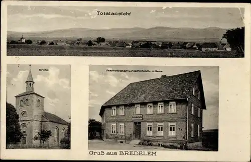 Ak Bredelem Langelsheim Harz, Gesamtansicht, Gastwirtschaft, Posthilfstelle, Kirche