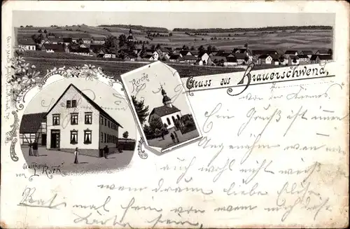 Litho Brauernschwend Brauerschwend Schwalmtal in Hessen, Gasthaus von L. Roth, Kirche