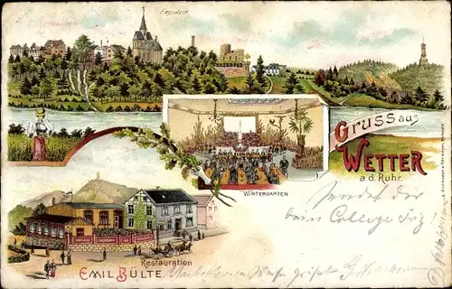 Litho Wetter an der Ruhr, Restaurant Emil Bülte, Wintergarten, Freiheit