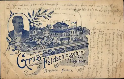 Litho Muggenhof Nürnberg in Mittelfranken, Feldschlösschen, Bahnhof