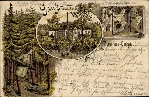 Litho Oschatz in Sachsen, Forsthaus, Schloss