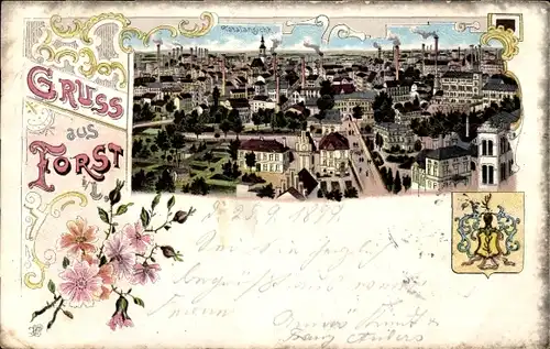 Litho Forst in der Niederlausitz, Blick über die Dächer der Stadt, Wappen