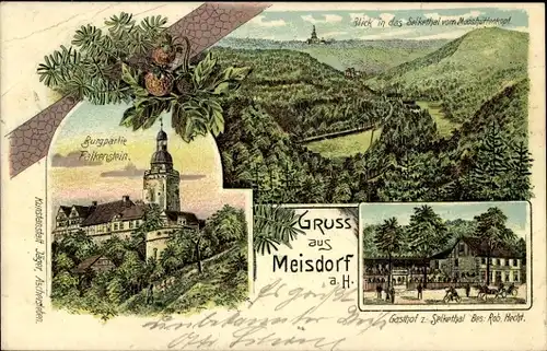 Litho Meisdorf Falkenstein im Harz, Burgpartie Falkenstein, Gasthof Selkethal, Gesamtansicht