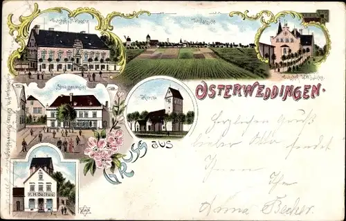 Litho Osterweddingen Sülzetal Börde, Gasthof, Kirche, Platz, Gesamtansicht