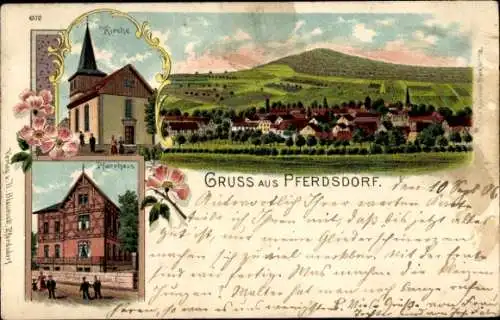 Litho Pferdsdorf Unterbreizbach, Gesamtansicht, Kirche, Pfarrhaus