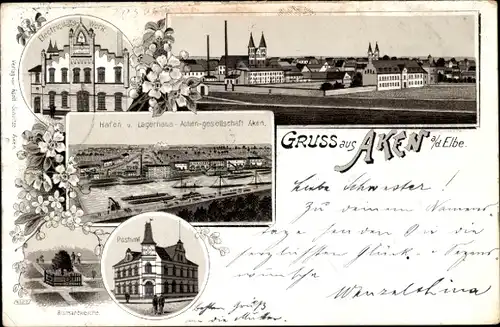 Litho Aken an der Elbe Sachsen Anhalt, Elektrizitätswerk, Hafen, Postamt, Bismarckeiche