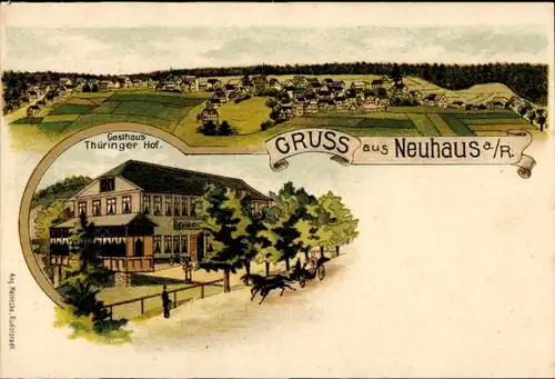 Litho Neuhaus am Rennweg Thüringen, Gasthaus Thüringer Hof, Panorama