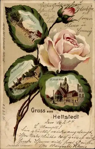 Litho Hettstedt im Südharz, Marktplatz, St. Jacobi Kirche, Wipperpartie, Rose