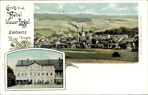 Ak Zwönitz Erzgebirge, Hotel blauer Engel, Totale vom Ort