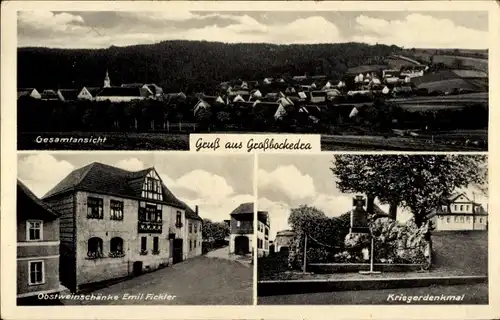 Ak Großbockedra in Thüringen, Gesamtansicht, Obstweinschänke, Kriegerdenkmal