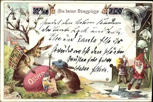 Litho Glückwunsch Ostern, Osterhasen bemalen Osterei, Zwerge läuten Glocke, Weidenkätzchen
