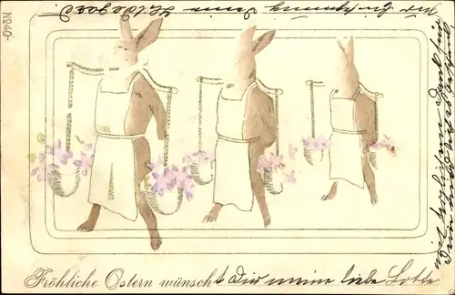 Präge Litho Glückwunsch Ostern, Vermenschlichte Hasen