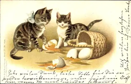 Litho Zwei junge Katzen, Korb, zerbrochene Eier