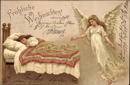 Litho Glückwunsch Weihnachten, Schlafendes Mädchen, Engel
