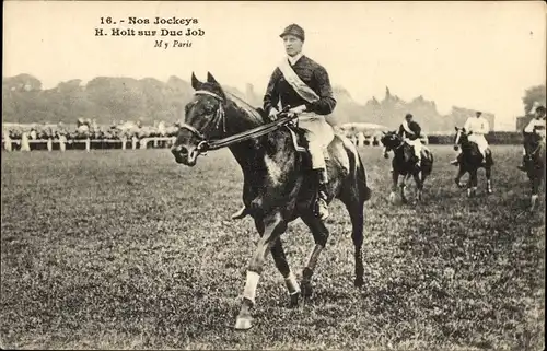 Ak Jockey H. Holt auf Rennpferd Duc Job