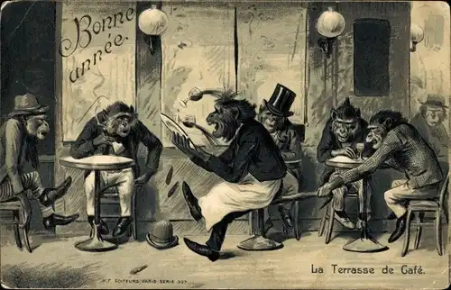 Präge Litho Glückwunsch Neujahr, Vermenschlichte Affen, Schimpansen, Cafe, Kellner