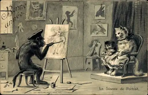 Präge Litho Glückwunsch Neujahr, Vermenschlichte Tiere, Schimpanse malt Katzen