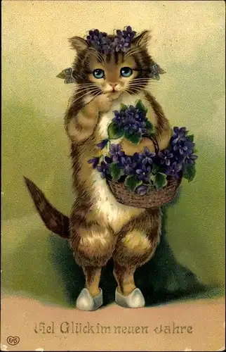 Ak Glückwunsch Neujahr, Katze mit Veilchen, Blumenkorb