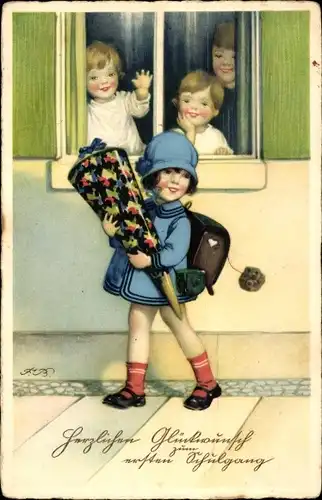 Künstler Ak Baumgarten, Fritz, Glückwunsch Einschulung, Zuckertüte, Schulranzen, Meissner Buch 3274