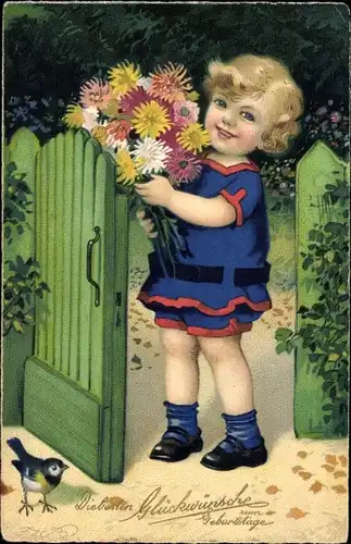 Künstler Ak Baumgarten, Fritz, Glückwunsch Geburtstag, Kind mit Blumenstrauß, Meise