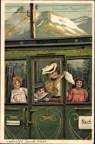 Litho Glückwunsch Pfingsten, Mutter mit Kinder im Eisenbahnabteil, Reisende