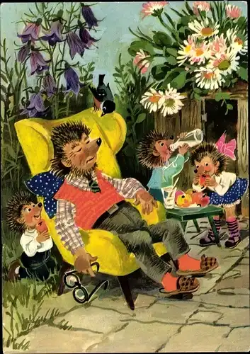Ak Igel Mecki schlafend im Garten, Igelkinder
