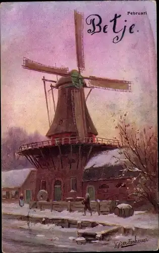 Künstler Ak Gerstenhauer, J. G., Windmühle, Allegorie, Februar