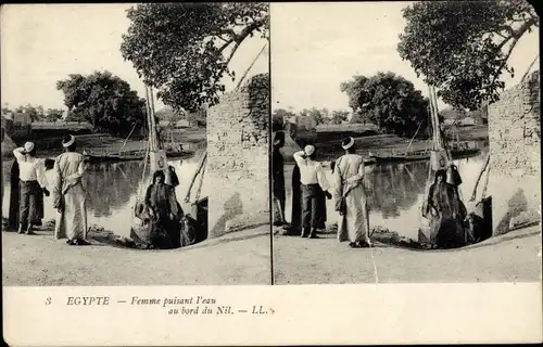 Stereo Ak Ägypten, Eine Frau, die das Wasser am Nil bordiert