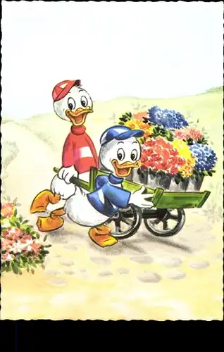 Ak Walt Disney, Tick und Trick, Schubkarre, Blumen