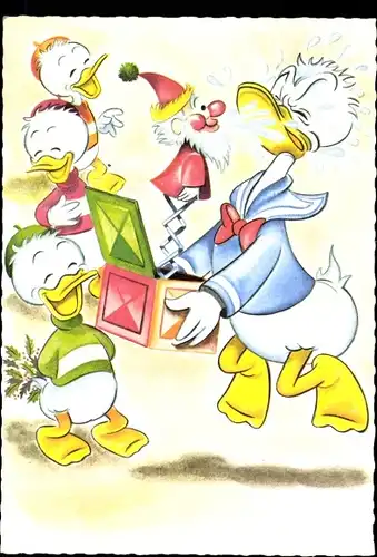 Ak Walt Disney, Donald Duck, Tick, Trick und Track, Witz, Spielzeug
