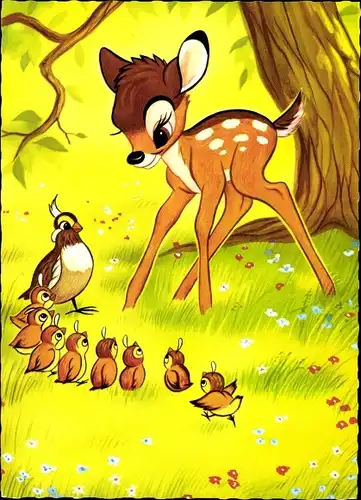 Ak Bambi mit Vogelfamilie, Küken, Disney