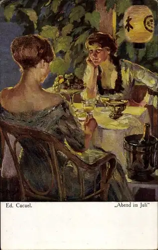 Künstler Ak Cucuel, Ed., Abend im Juli, Frauen am Tisch